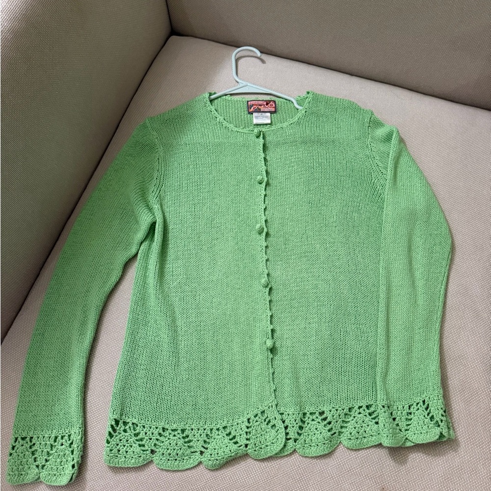 April Cornell Light Green Cardigan with Crochet M